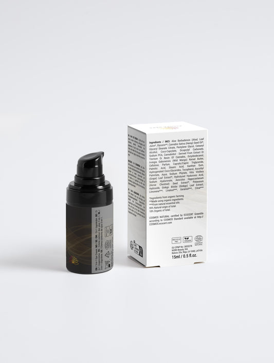 Cremă Anti-Aging Contur Ochi cu CBD, Acid Hialuronic și Aloe, 15ml, Letonia, 99% natural, 18% organic