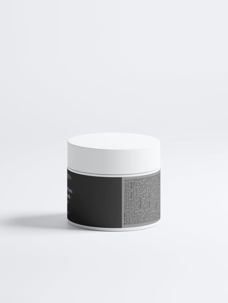 Jar with a black label on a white background