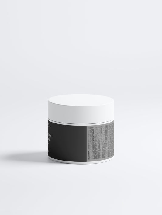 Jar with a black label on a white background