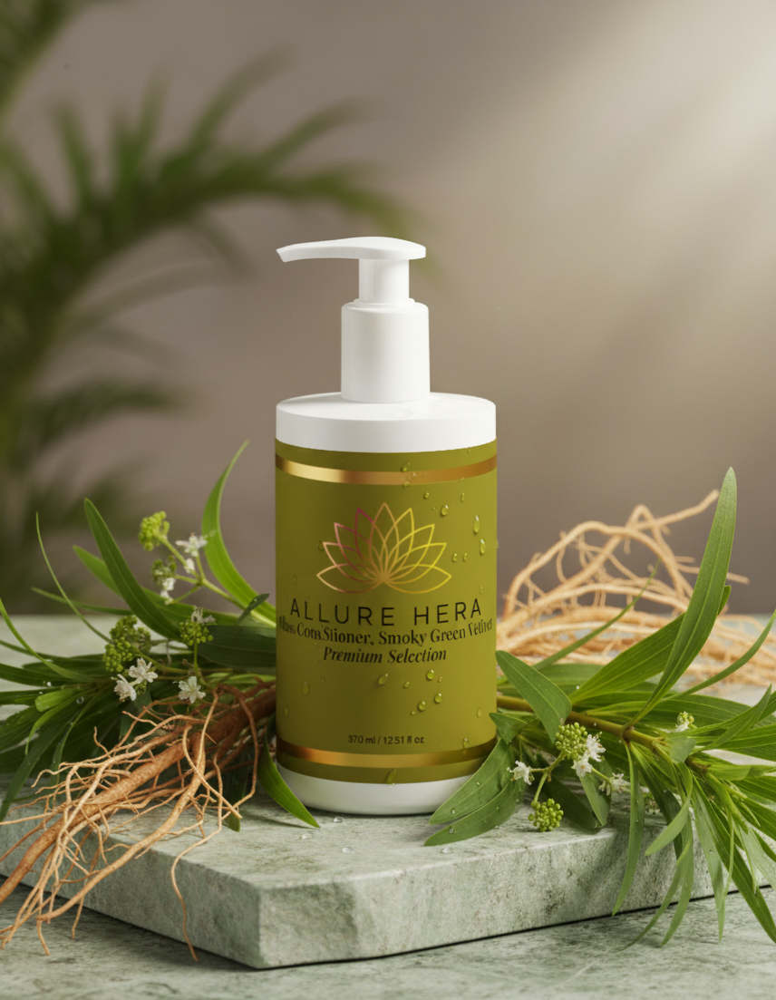 Allure Hera shampoo bottle with green label and white pump on a stone surface with plants.