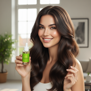 Woman with long, wavy hair holding a green bottle in a bright room.
