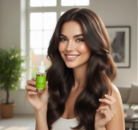 Woman with long, wavy hair holding a green bottle in a bright room.