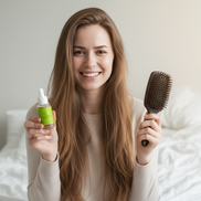 Woman holding a hair oil dropper and brush, smiling at the camera.