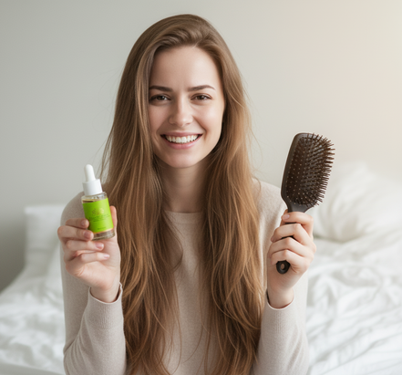Woman holding a hair oil dropper and brush, smiling at the camera.