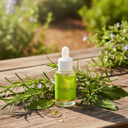 Green bottle of Allure Herbs on a wooden surface with greenery in the background