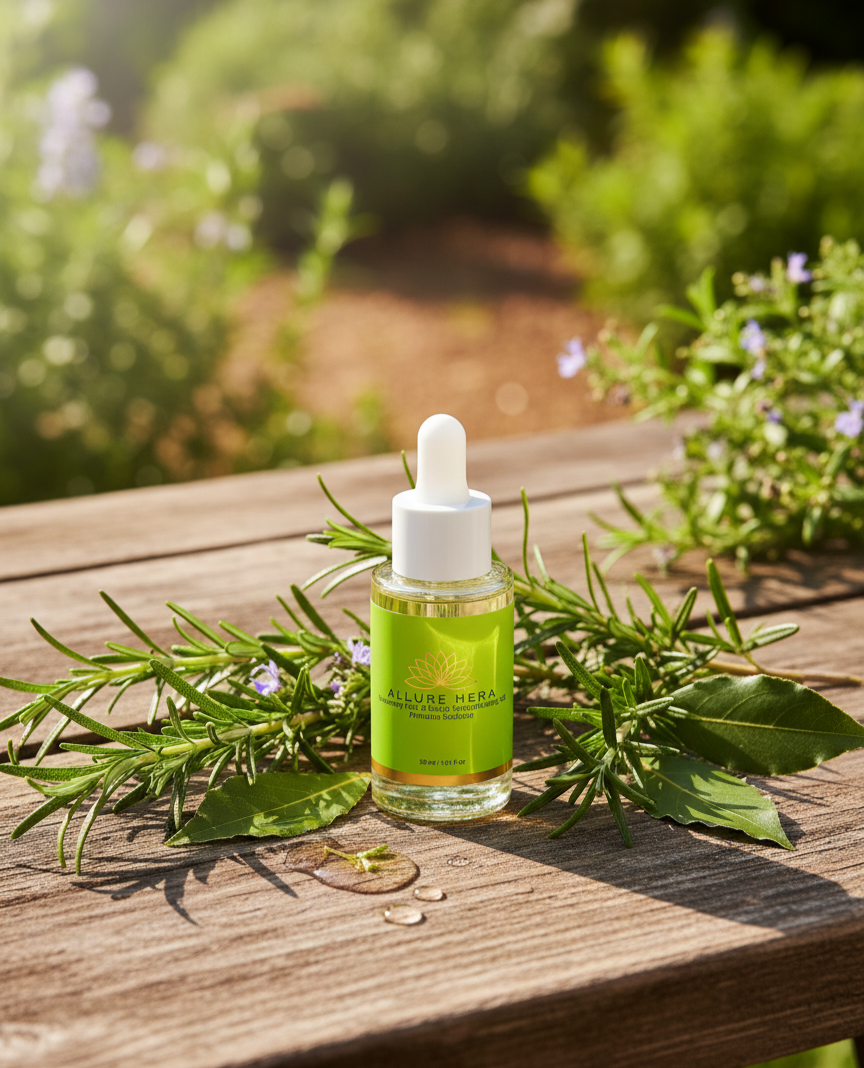 Green bottle of Allure Herbs on a wooden surface with greenery in the background