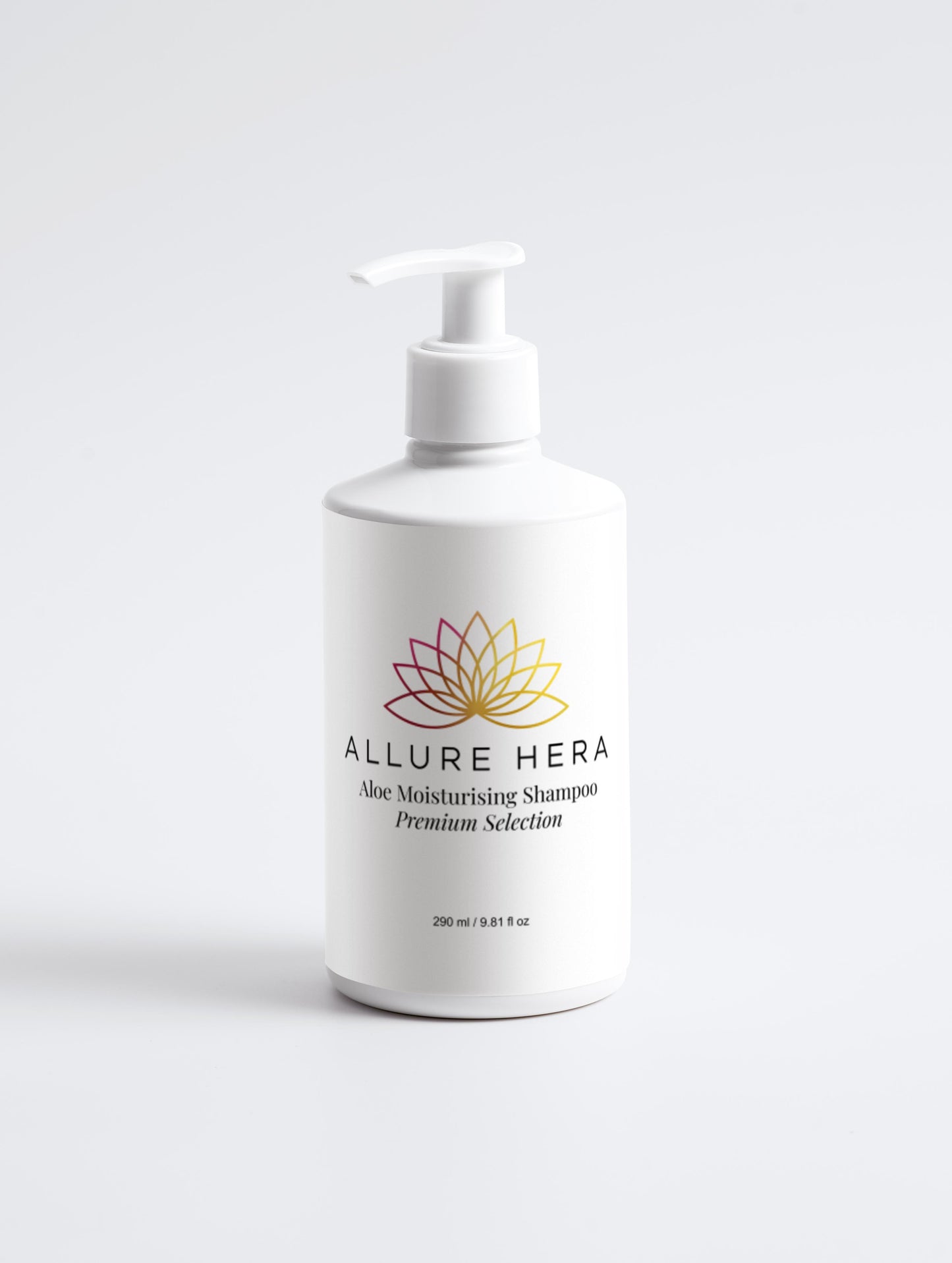 White shampoo bottle with 'Allure Hera' branding on a white background