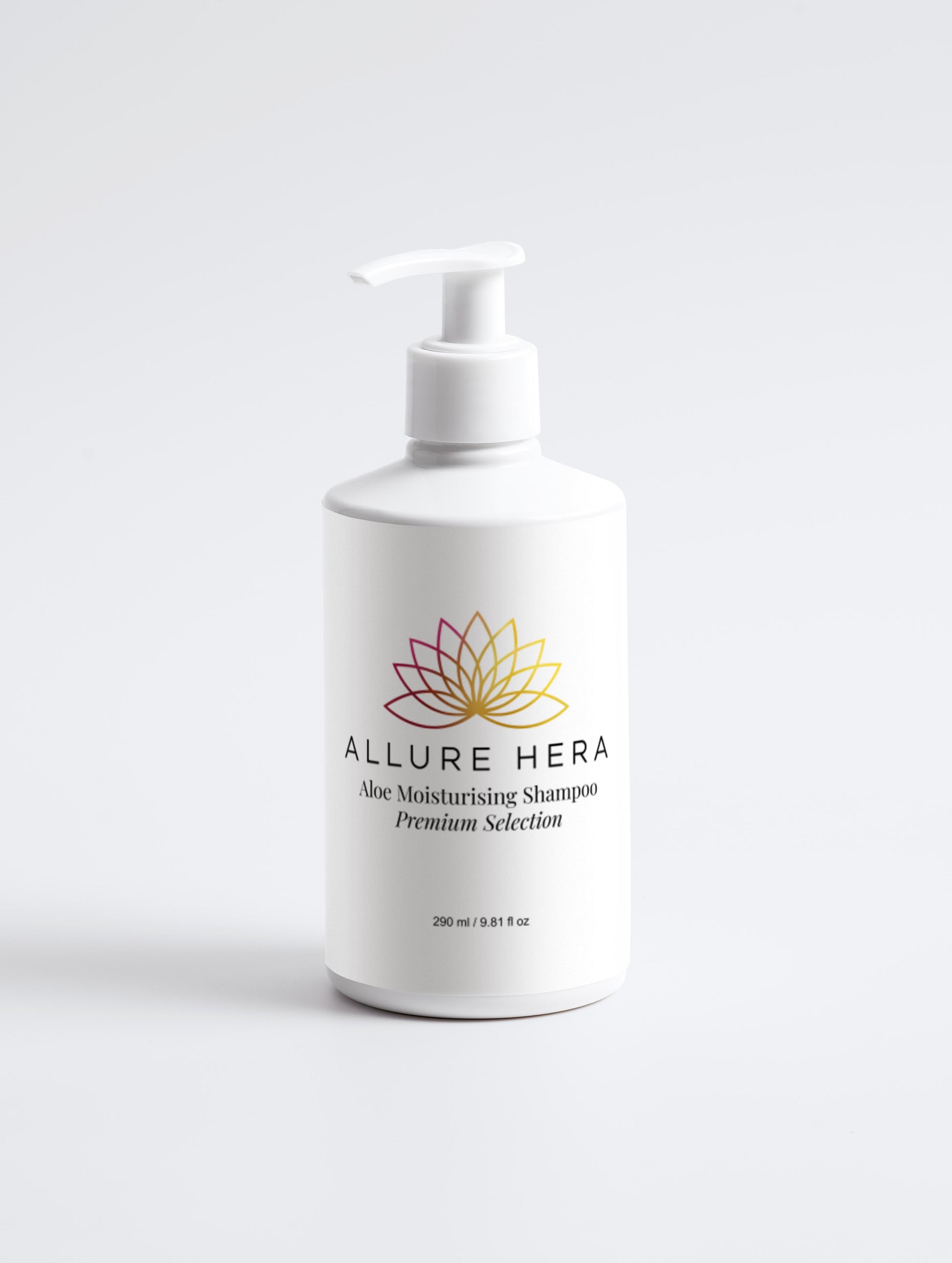 White shampoo bottle with 'Allure Hera' branding on a white background
