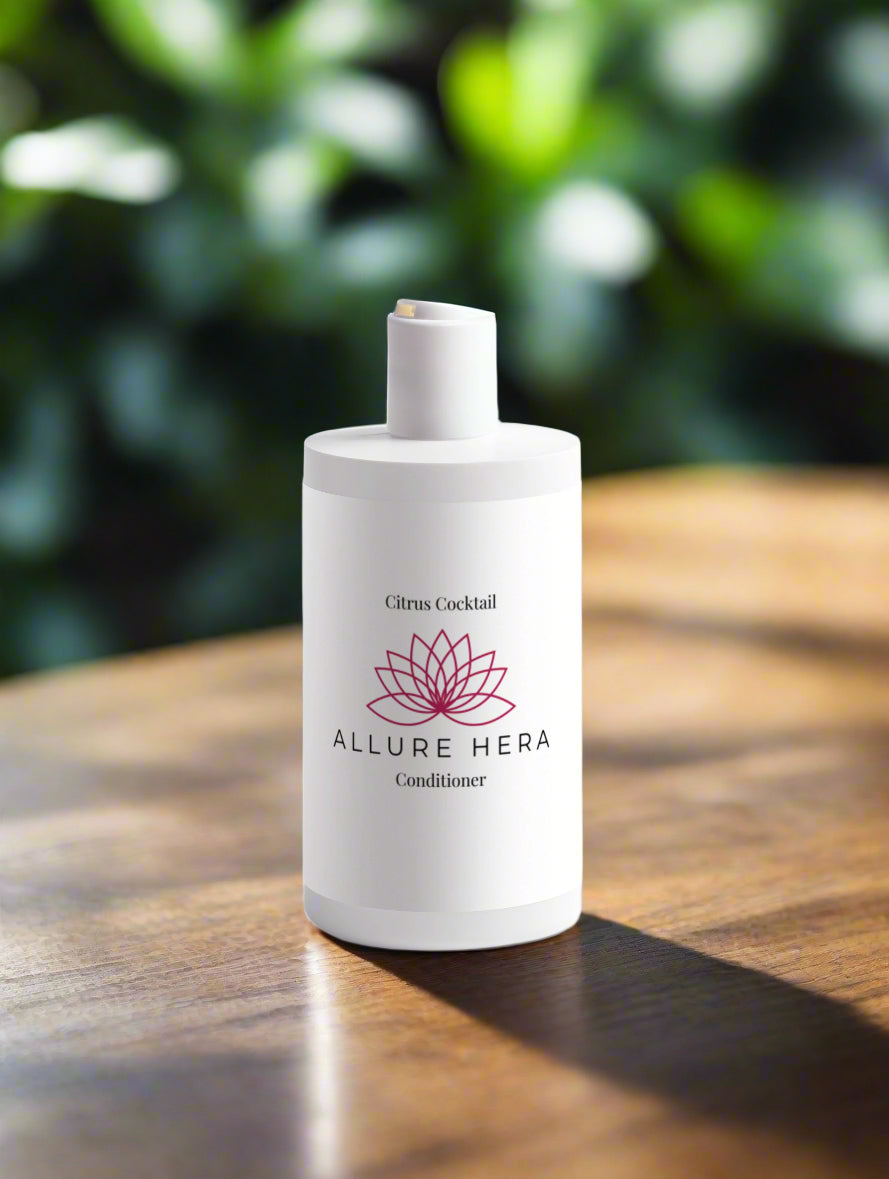 White bottle of Allure Hera conditioner on a light gray background
