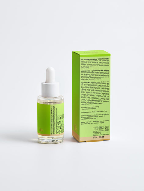 Rosemary Hair & Scalp Strengthening Oil, 100% natural, 30 ml, revitalizes hair and scalp with botanical ingredients.