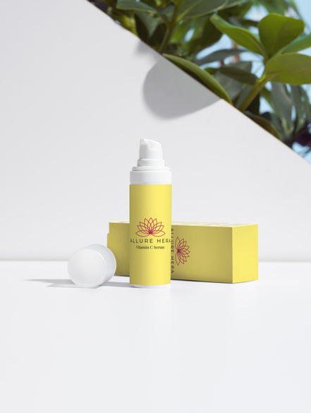 Skincare serum with yellow box on a white background