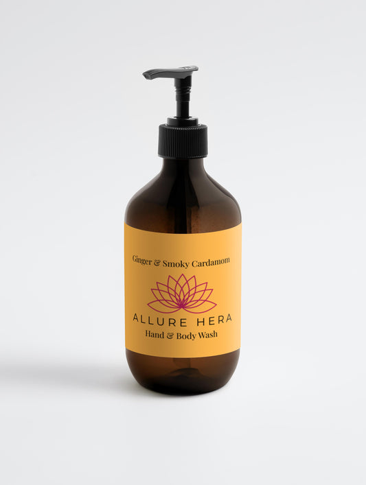 Brown bottle of Allure Hera hand and body wash with a yellow label on a white background